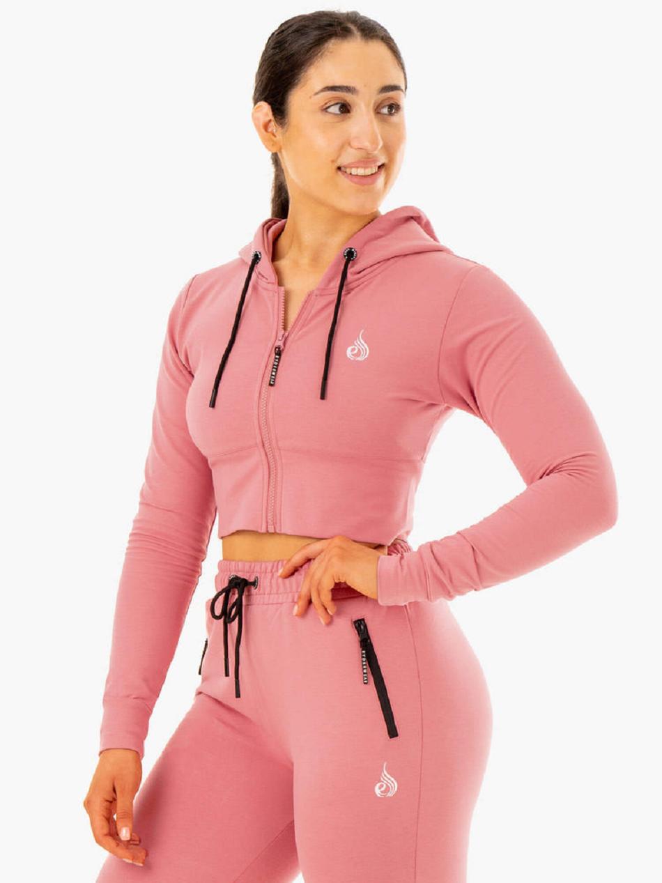 Apricot / Pink Women\'s Ryderwear Luxe Cropped Zip Hoodie Top | DF6292758