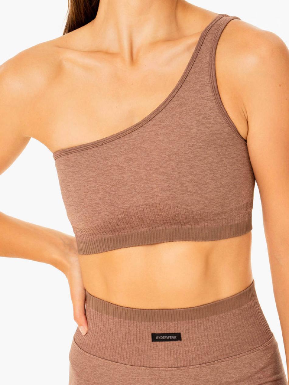 Beige Women's Ryderwear Excel One Shoulder Sports Bra Seamless | 6Y4941248