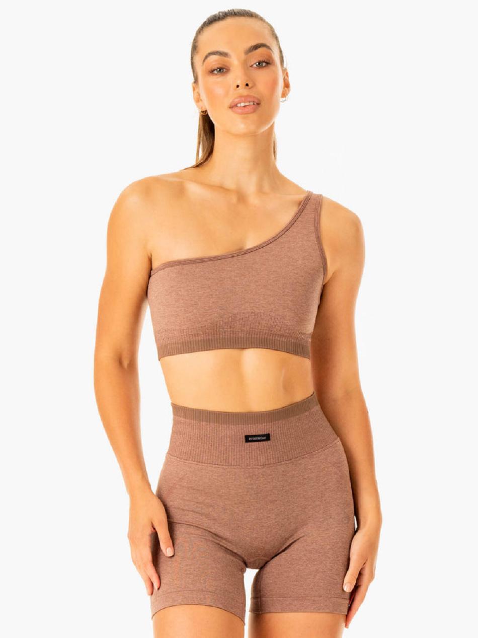 Beige Women\'s Ryderwear Excel One Shoulder Sports Bra Seamless | 6Y4941248