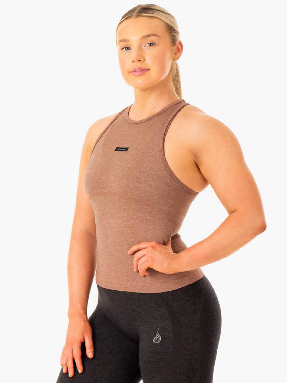 Beige Women's Ryderwear Excel Seamless Mid Length Tanks | 129J81193