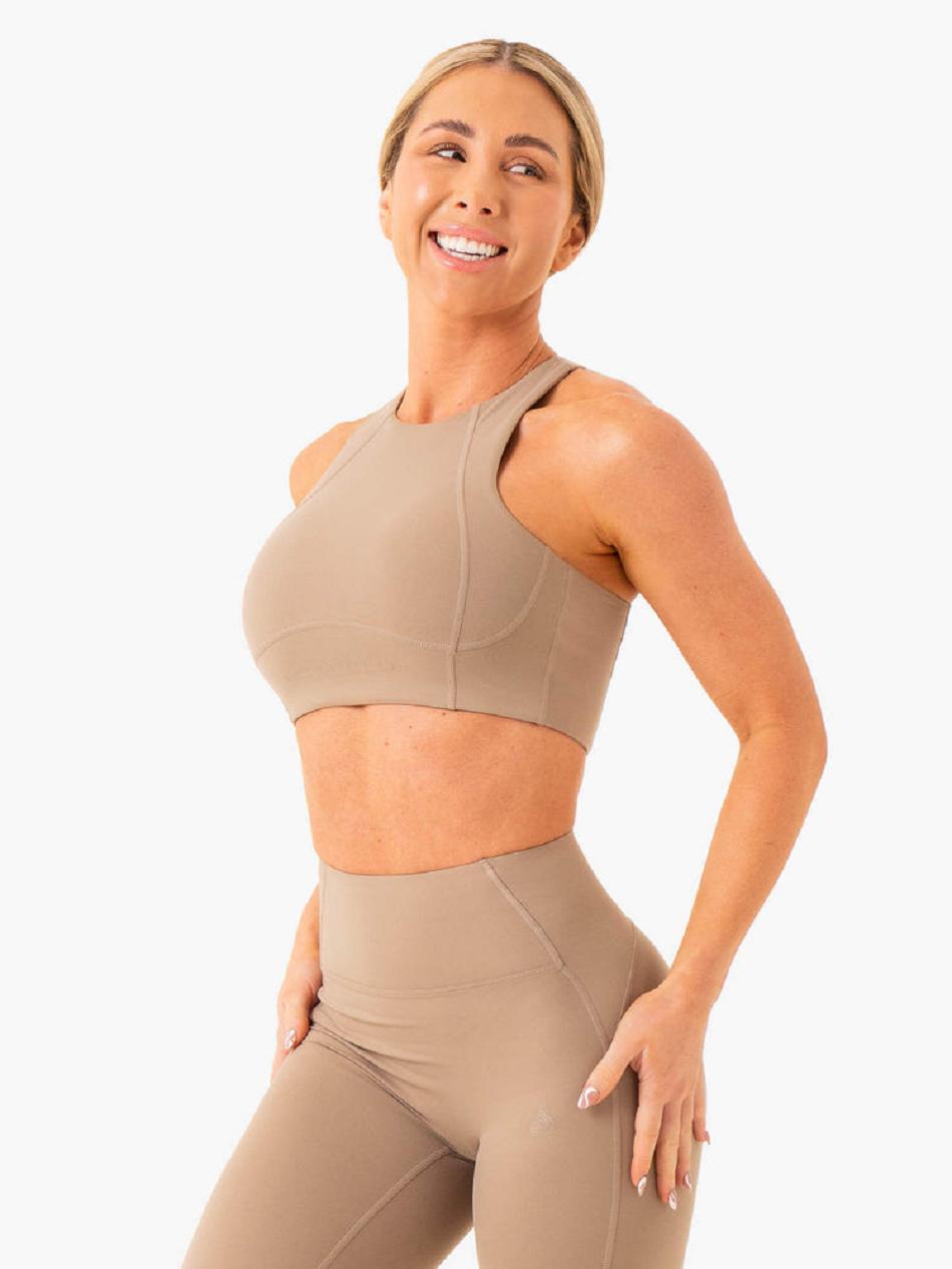 Beige Women's Ryderwear NKD Frame Long Line Sports Bras | 56KR57805