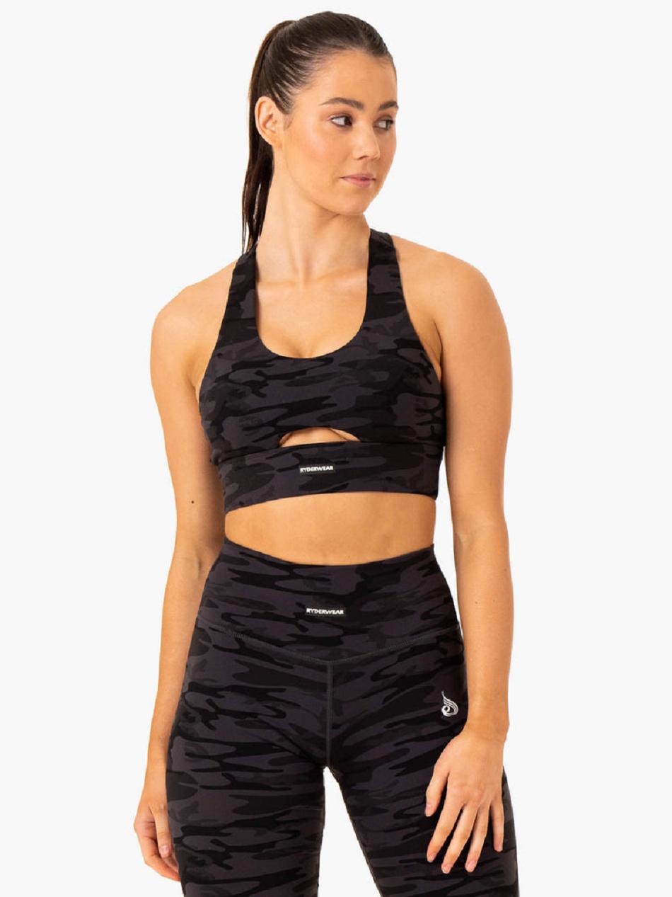 Black / Camo Women's Ryderwear Base Racer Back Sports Bras | FR5281960