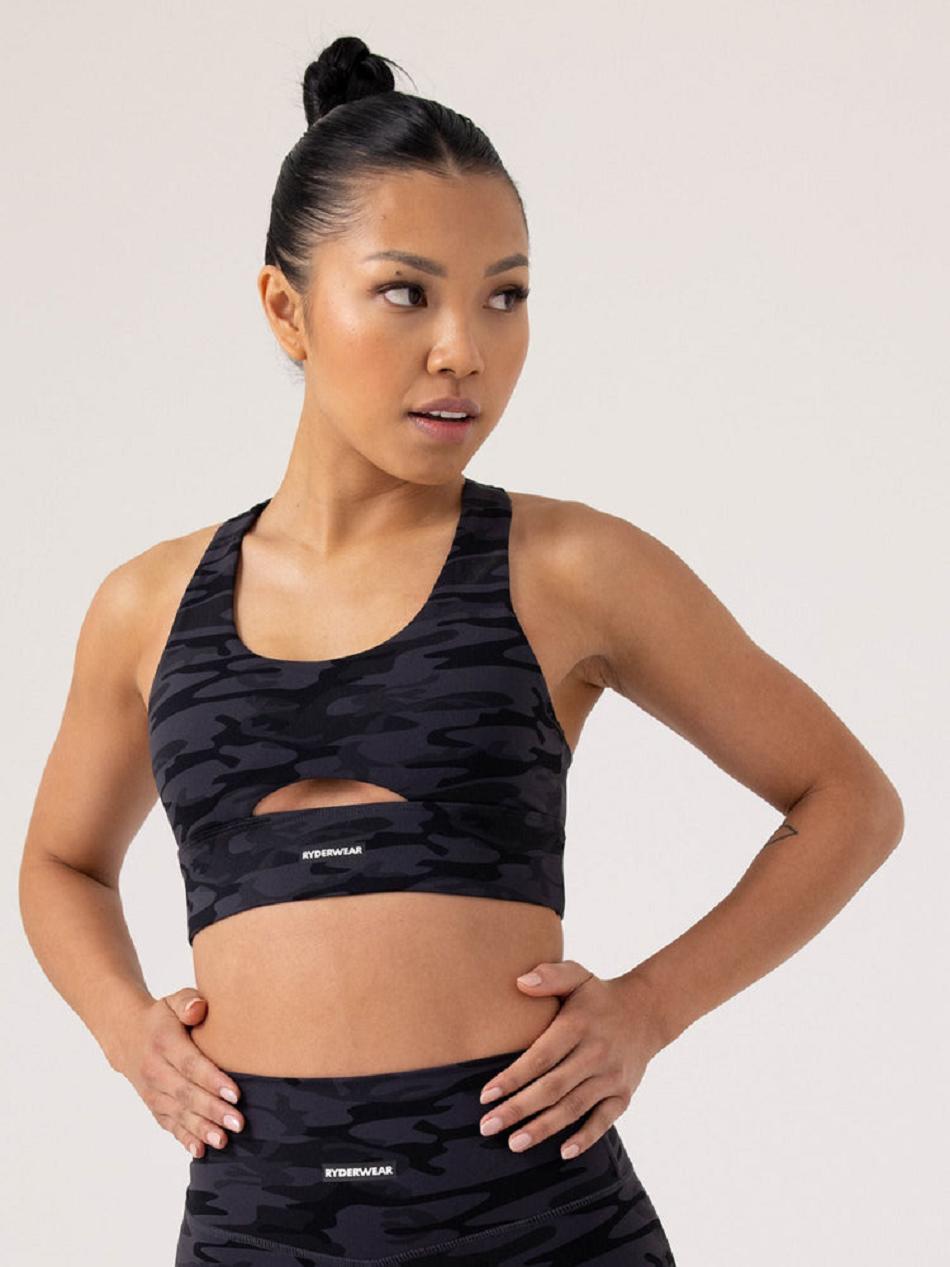 Black / Camo Women\'s Ryderwear Base Racer Back Sports Bras | FR5281960