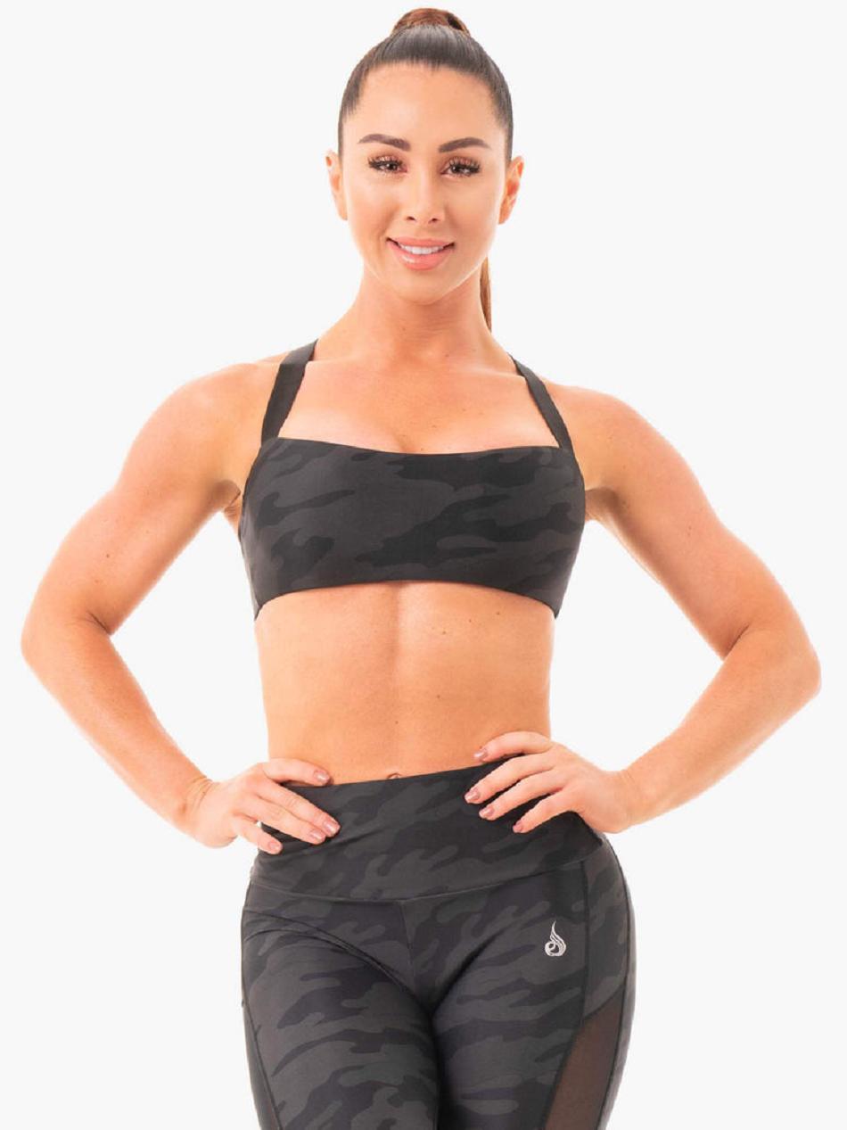 Black / Camo Women\'s Ryderwear Camo Sports Bras | REH81528