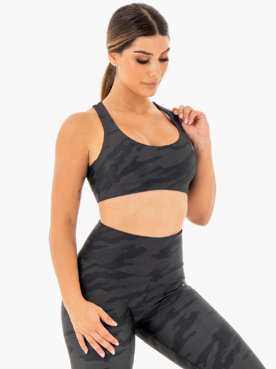 Black / Camo Women's Ryderwear Camo Sports Bras | RFD40945