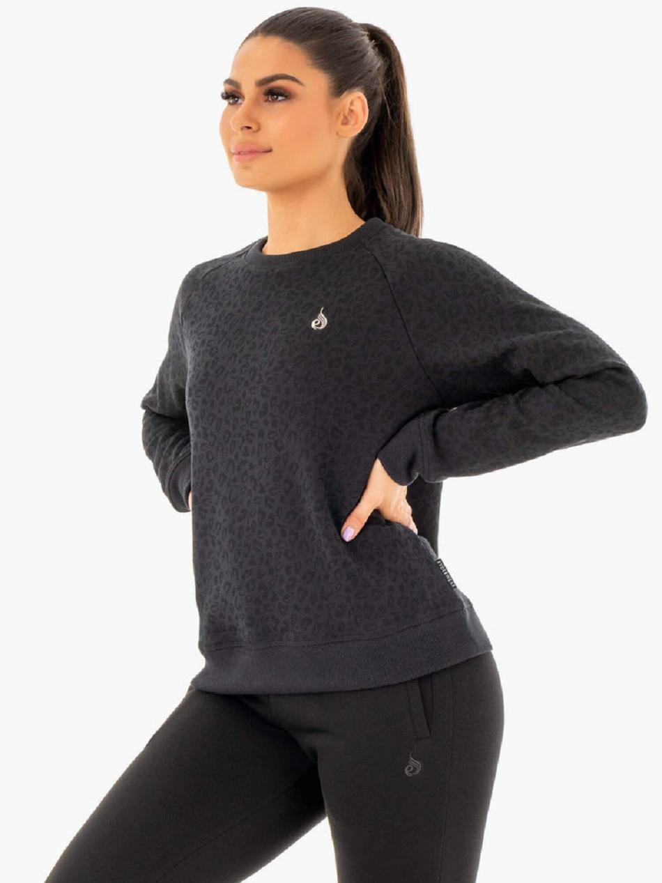 Black / Leopard Women's Ryderwear Adapt Boyfriend Sweaters | 134IV36422