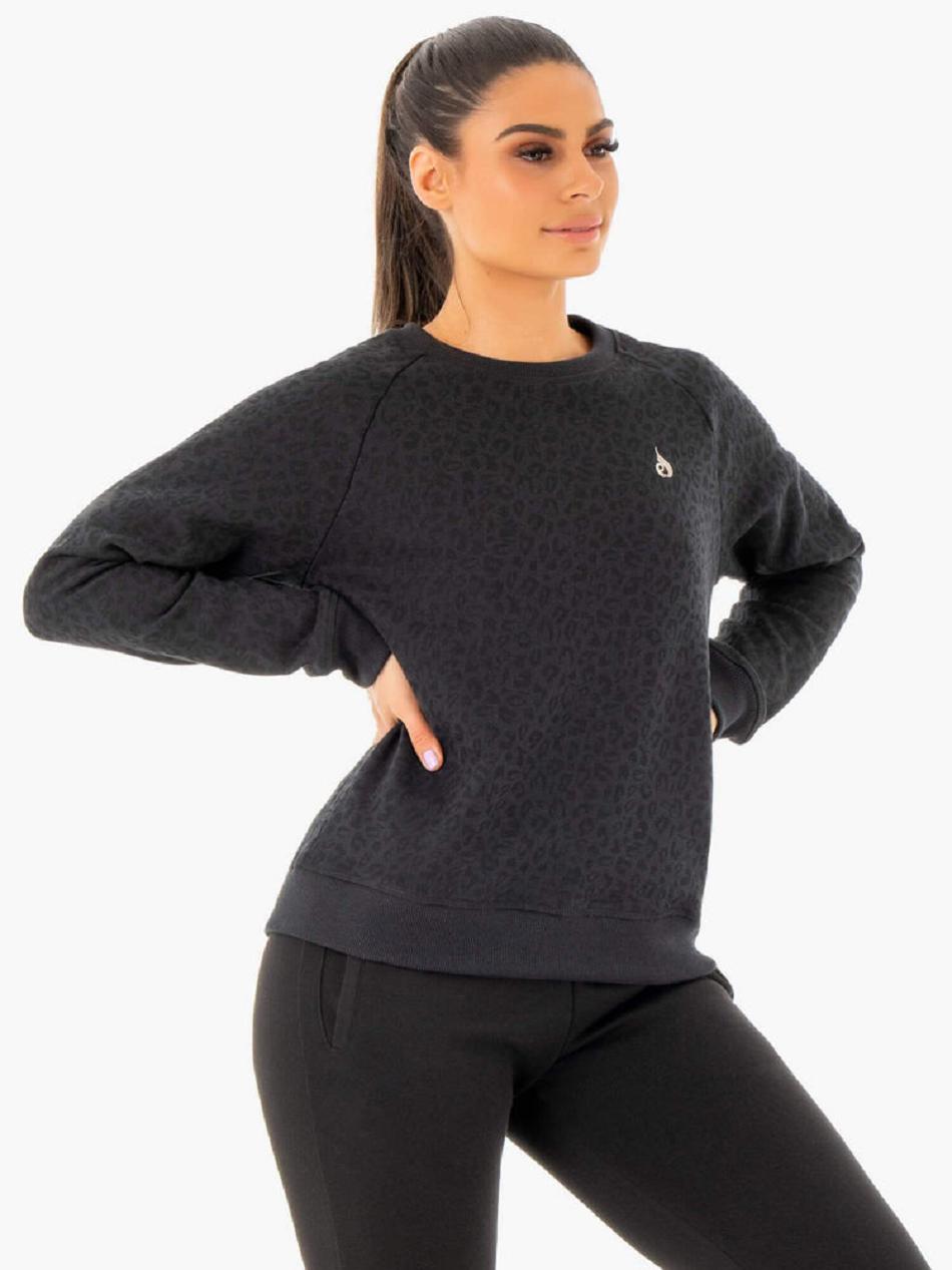 Black / Leopard Women's Ryderwear Adapt Boyfriend Sweaters | 134IV36422