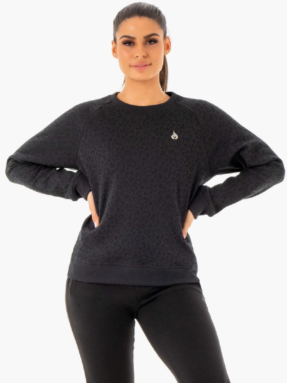 Black / Leopard Women\'s Ryderwear Adapt Boyfriend Sweater Trackset | 78KR79903