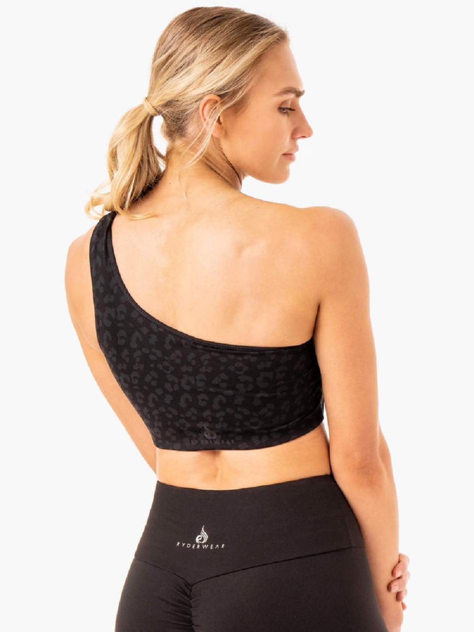 Black / Leopard Women's Ryderwear Adapt One Shoulder Sports Bras | BG5640629