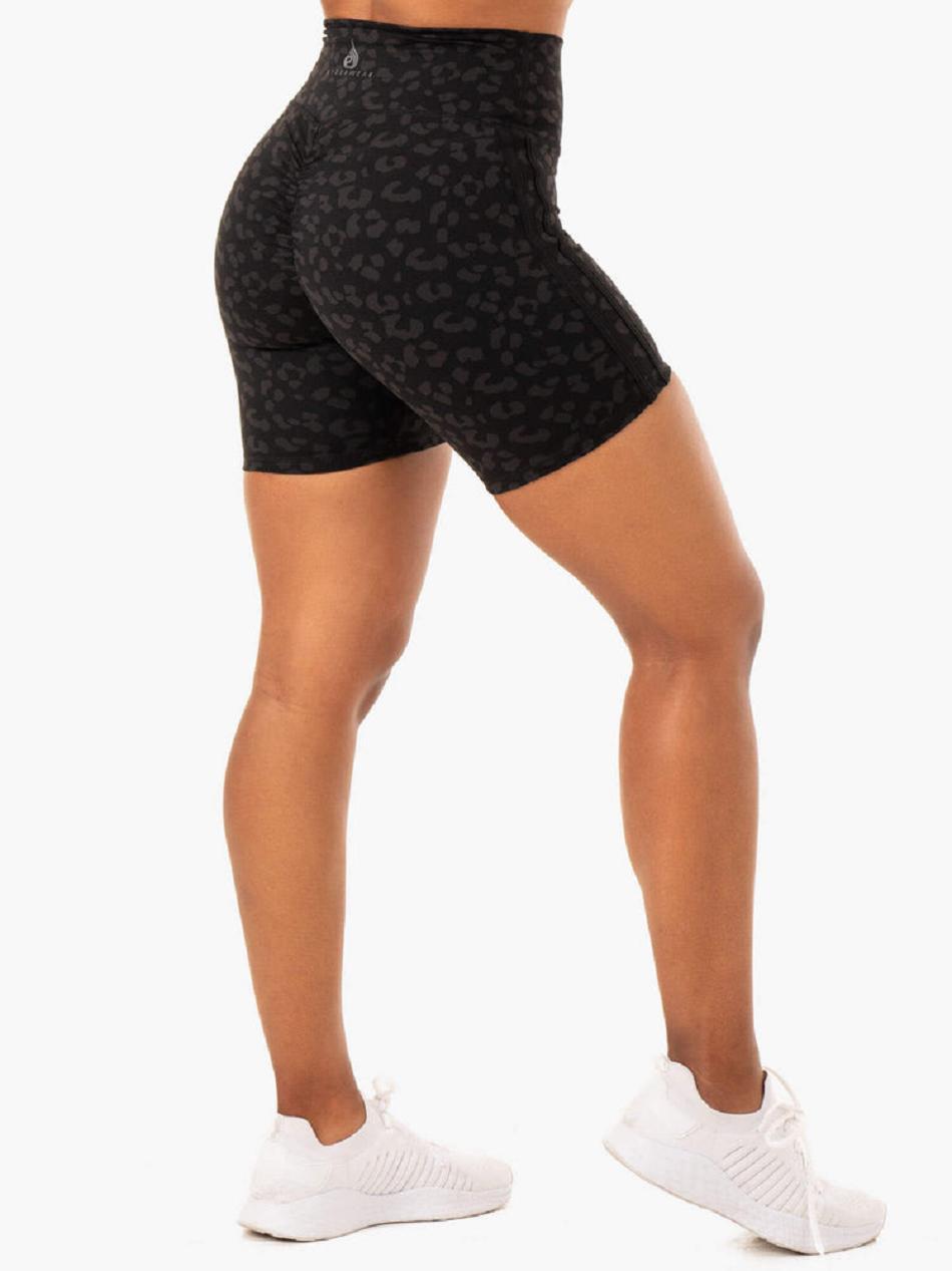 Black / Leopard Women's Ryderwear Evolution High Waisted Scrunch Shorts | 614Y85190