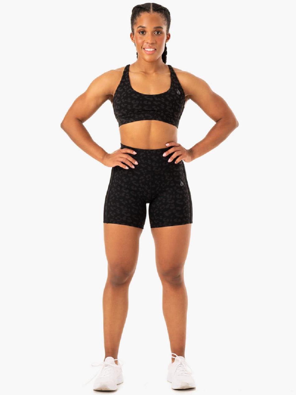 Black / Leopard Women's Ryderwear Evolution High Waisted Scrunch Shorts | 614Y85190