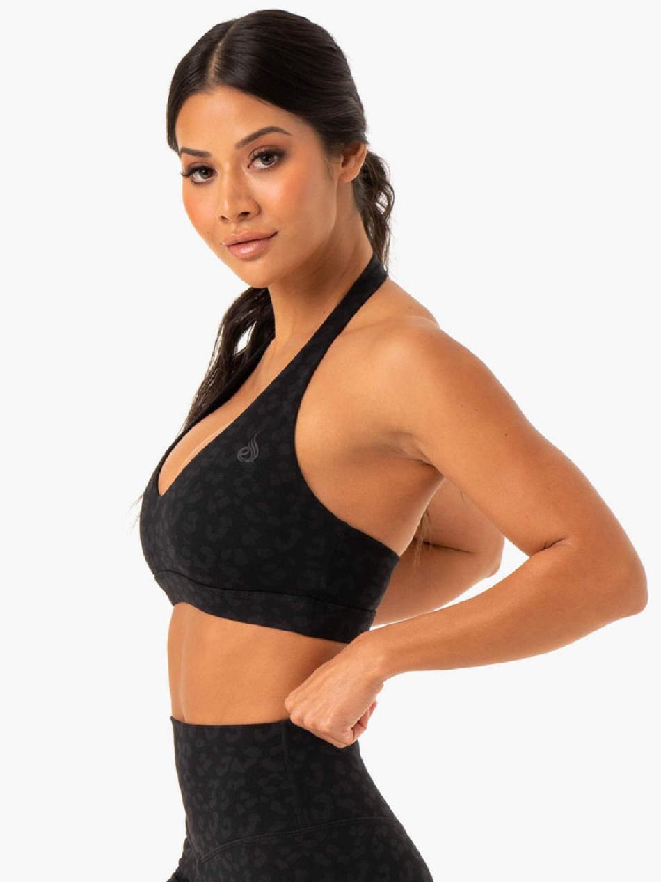 Black / Leopard Women's Ryderwear Hybrid Halter Sports Bras | 57FV84109