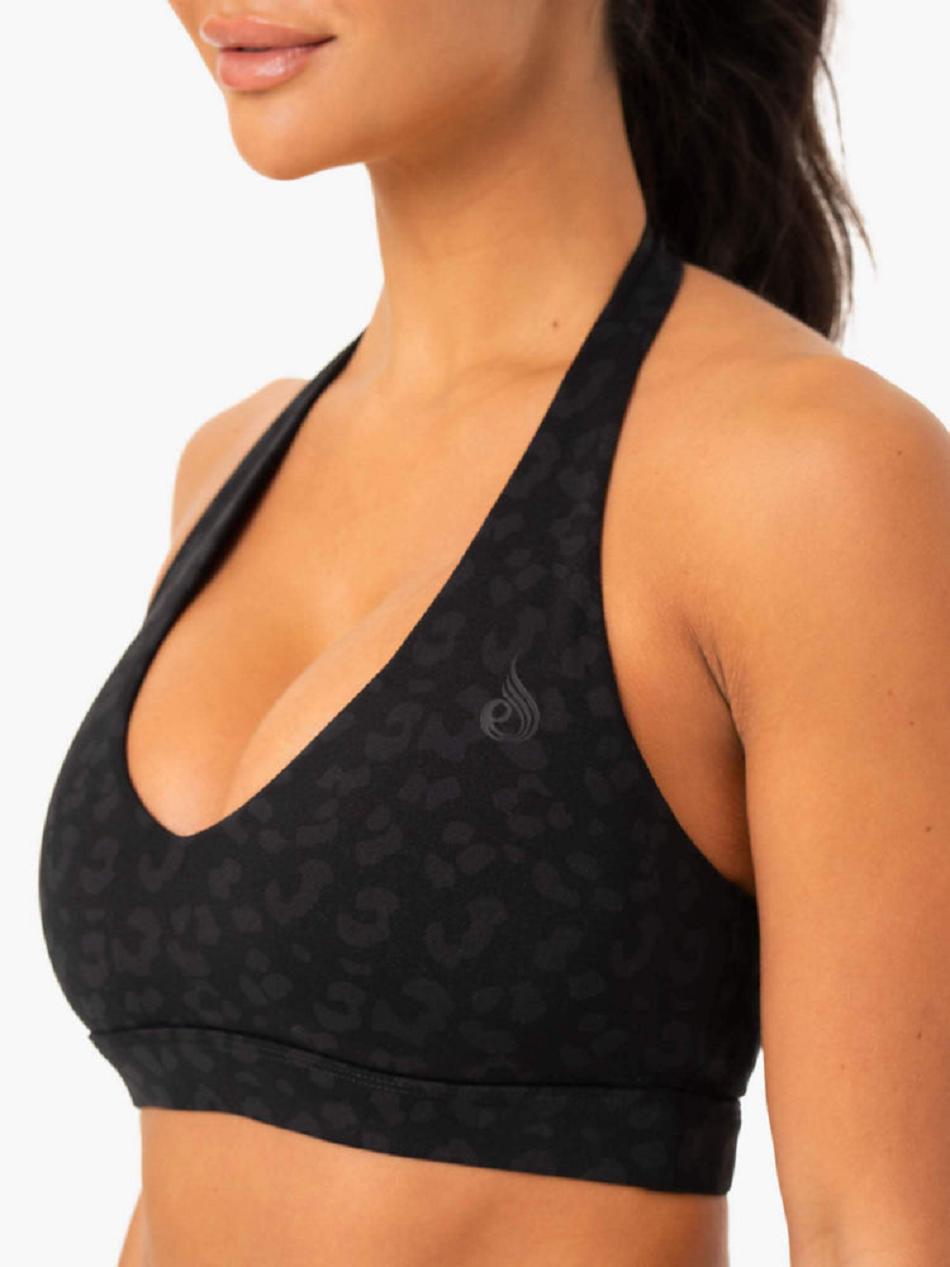 Black / Leopard Women's Ryderwear Hybrid Halter Sports Bras | 57FV84109