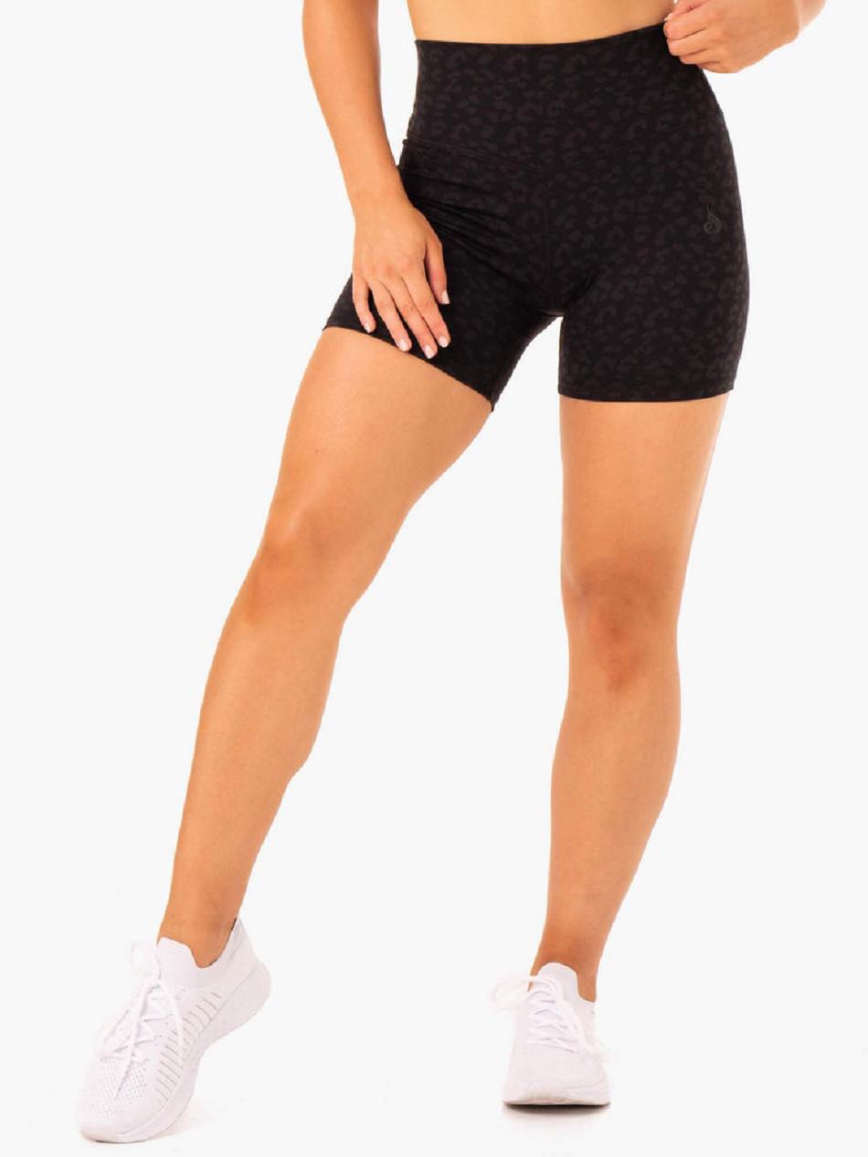 Black / Leopard Women's Ryderwear Hybrid Mid Length Shorts | MT4896950