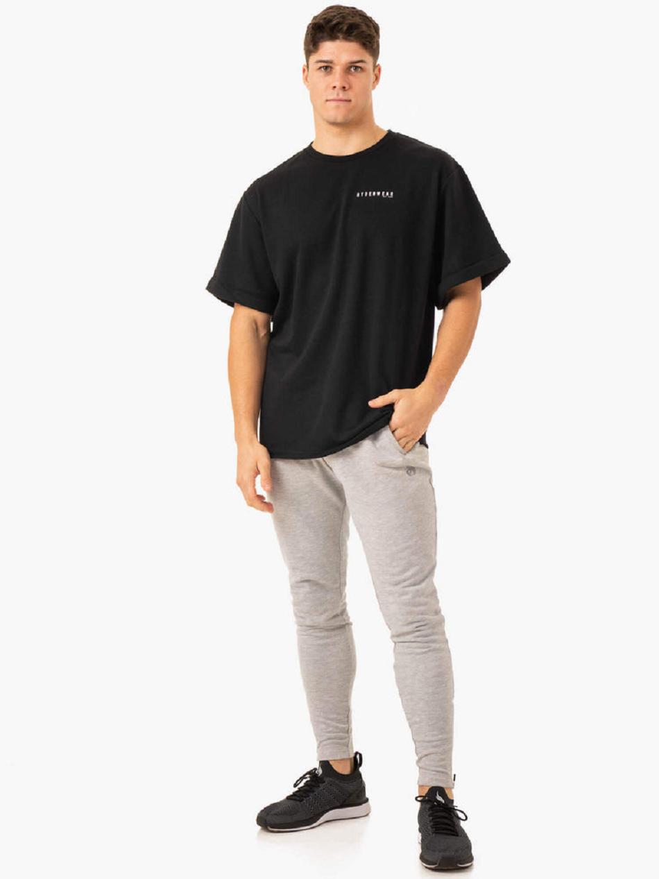 Black Men's Ryderwear Pursuit Oversized Fleece T-Shirt Top | 182F77562