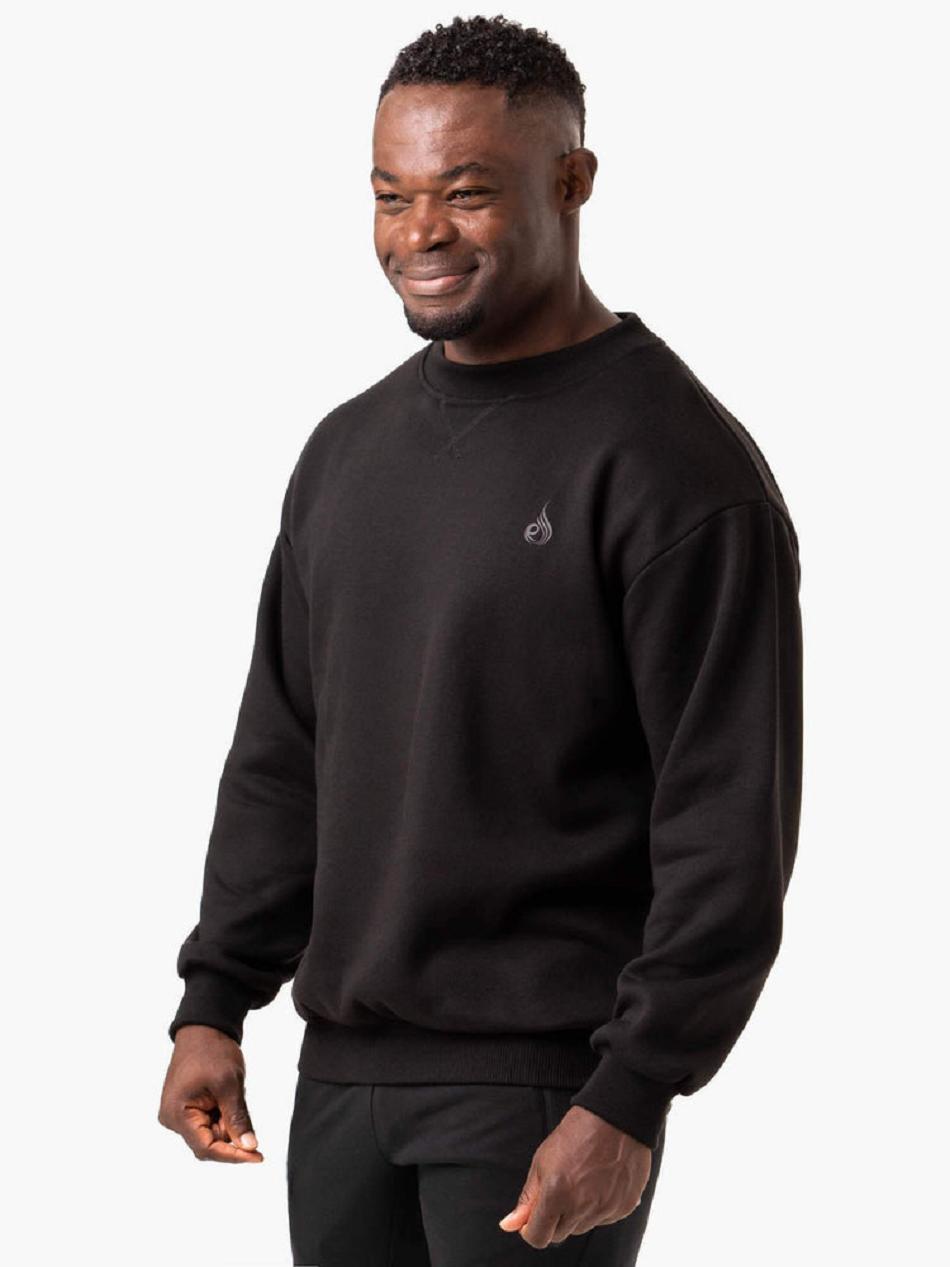 Black Men's Ryderwear Reset Fleece Crew Neck Top | 91GA86809