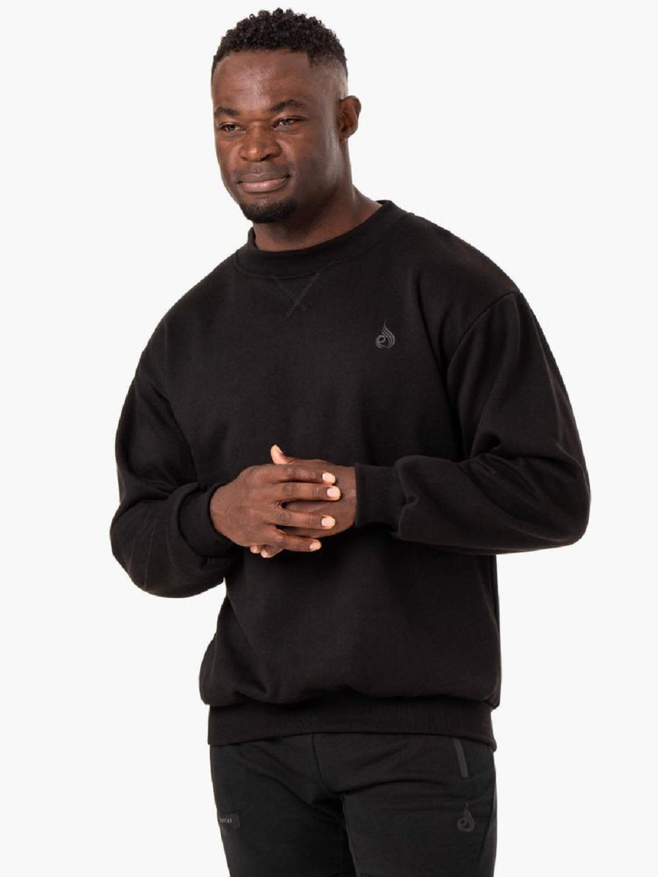 Black Men\'s Ryderwear Reset Fleece Crew Neck Top | 91GA86809