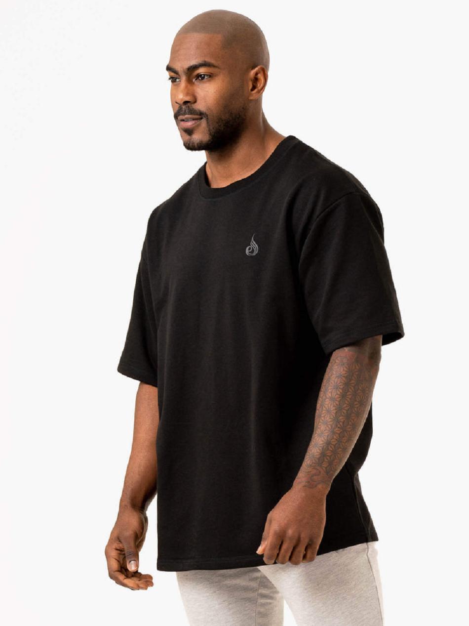 Black Men's Ryderwear Throwback Oversized Fleece T-shirt | 6D8296590