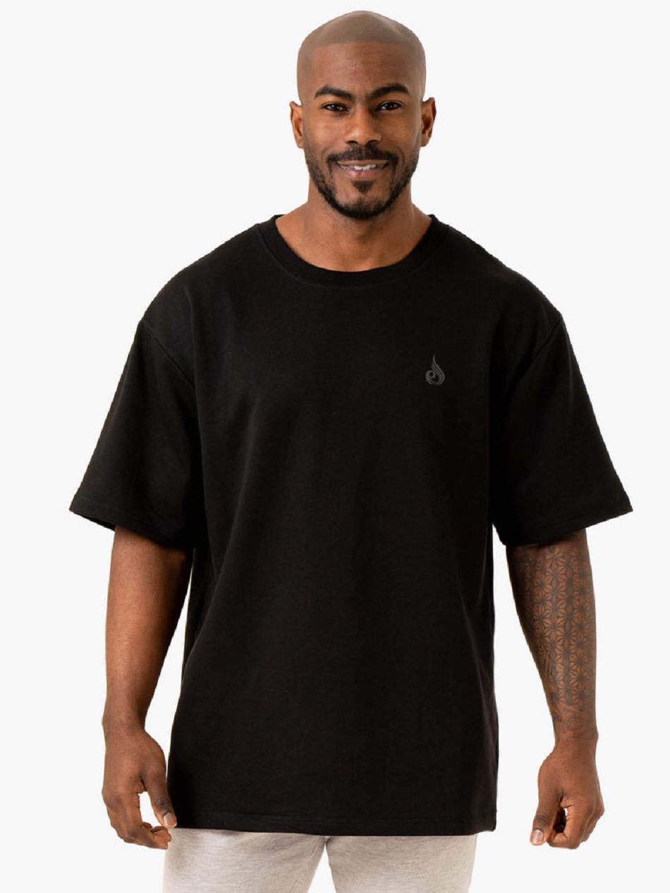 Black Men\'s Ryderwear Throwback Oversized Fleece T-shirt | 6D8296590