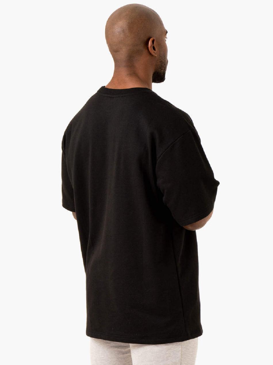 Black Men's Ryderwear Throwback Oversized Fleece T-Shirt Top | YGJ33637