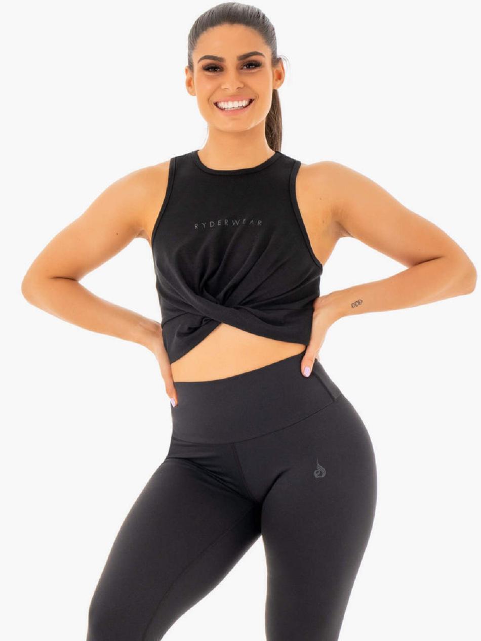 Black Women\'s Ryderwear Adapt Twist Cropped Tank Top | 59FV65047