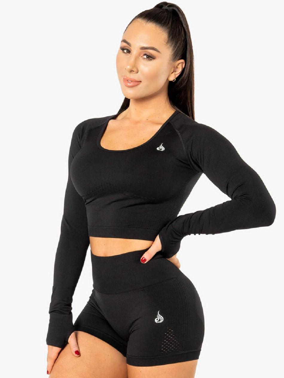 Black Women's Ryderwear Electra Long Sleeve Crop Top Seamless | 47ES46796