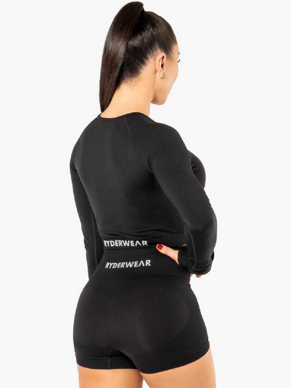 Black Women's Ryderwear Electra Long Sleeve Crop Top Seamless | 47ES46796