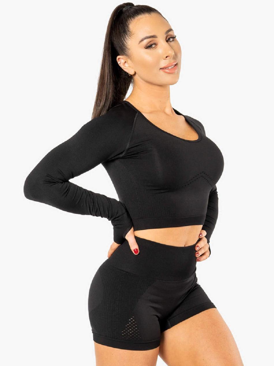 Black Women's Ryderwear Electra Long Sleeve Crop Top Seamless | 47ES46796