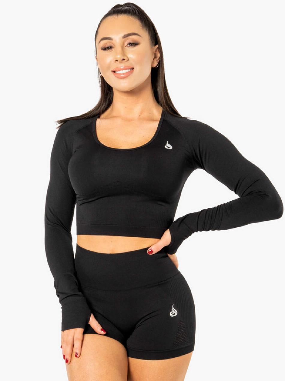 Black Women\'s Ryderwear Electra Long Sleeve Crop Top Seamless | 47ES46796