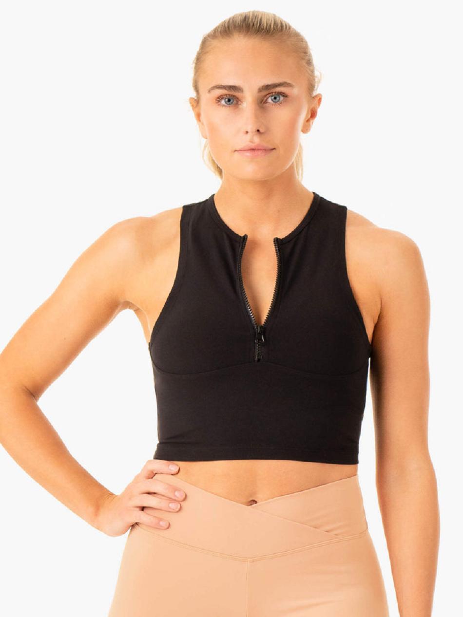 Black Women's Ryderwear Embody Zip Up Crop Tanks | DF6550025