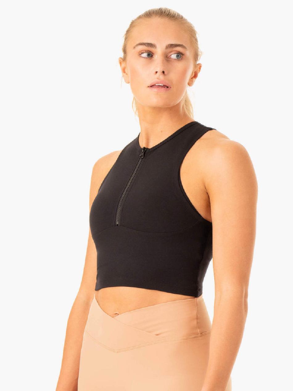 Black Women's Ryderwear Embody Zip Up Crop Tanks | DF6550025