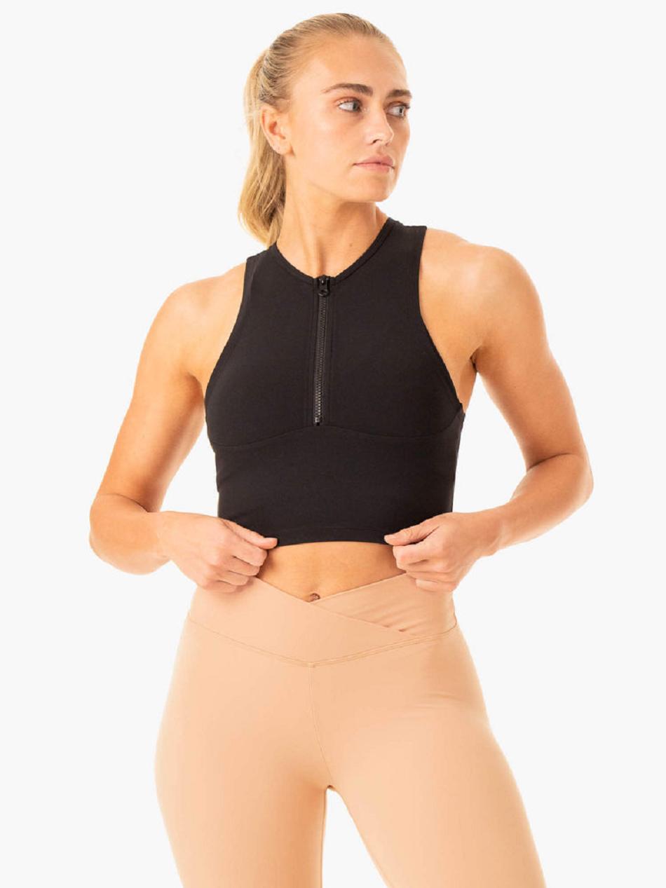 Black Women\'s Ryderwear Embody Zip Up Crop Tanks | DF6550025