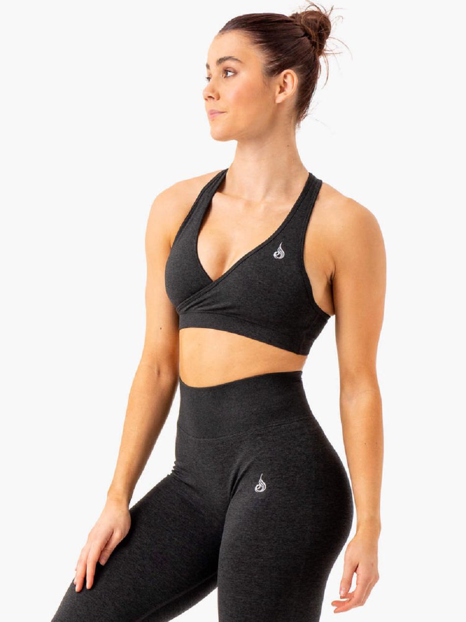 Black Women's Ryderwear Essential Cross Over Sports Bra Seamless | GB4484415