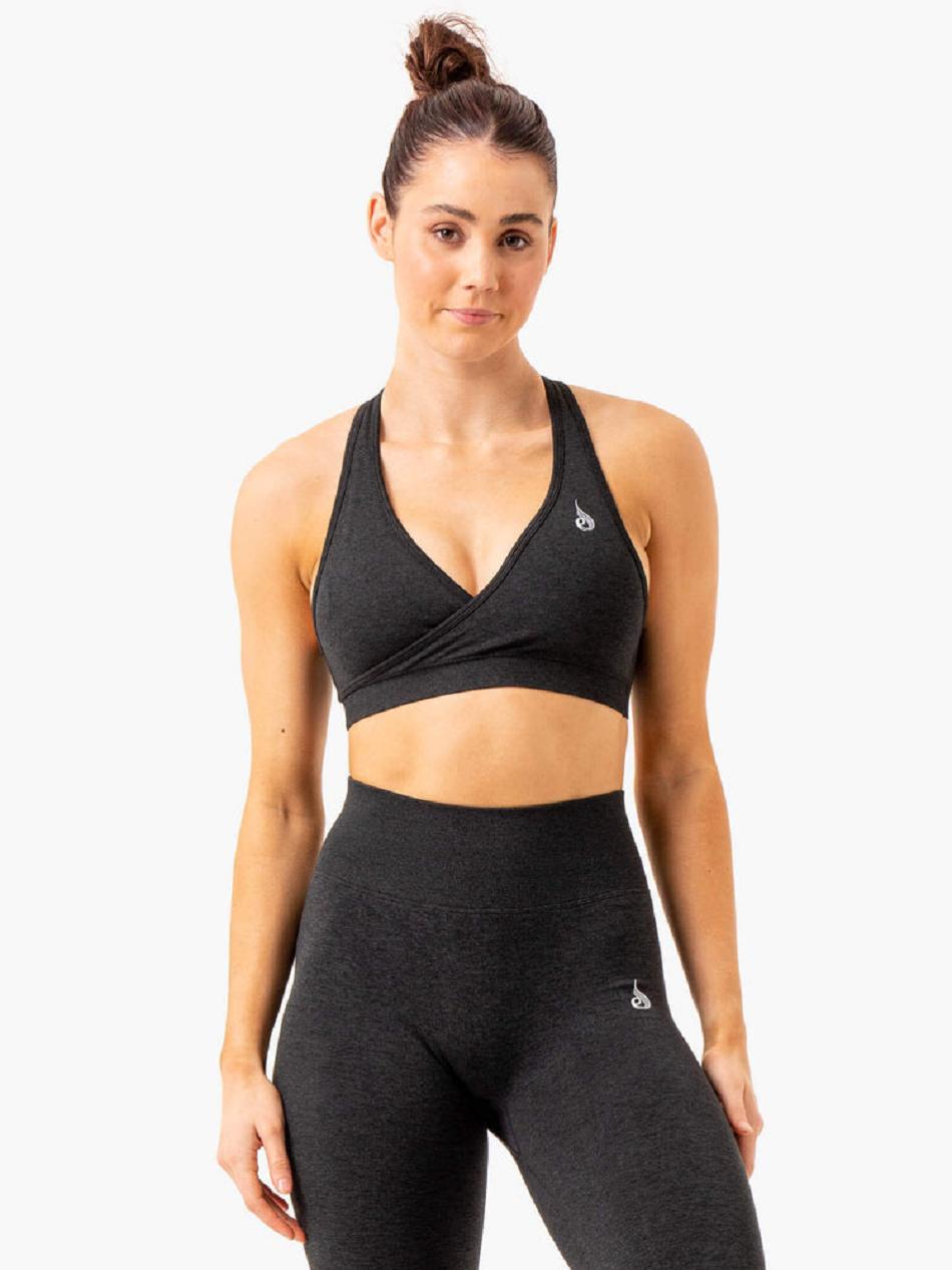 Black Women\'s Ryderwear Essential Cross Over Sports Bra Seamless | GB4484415