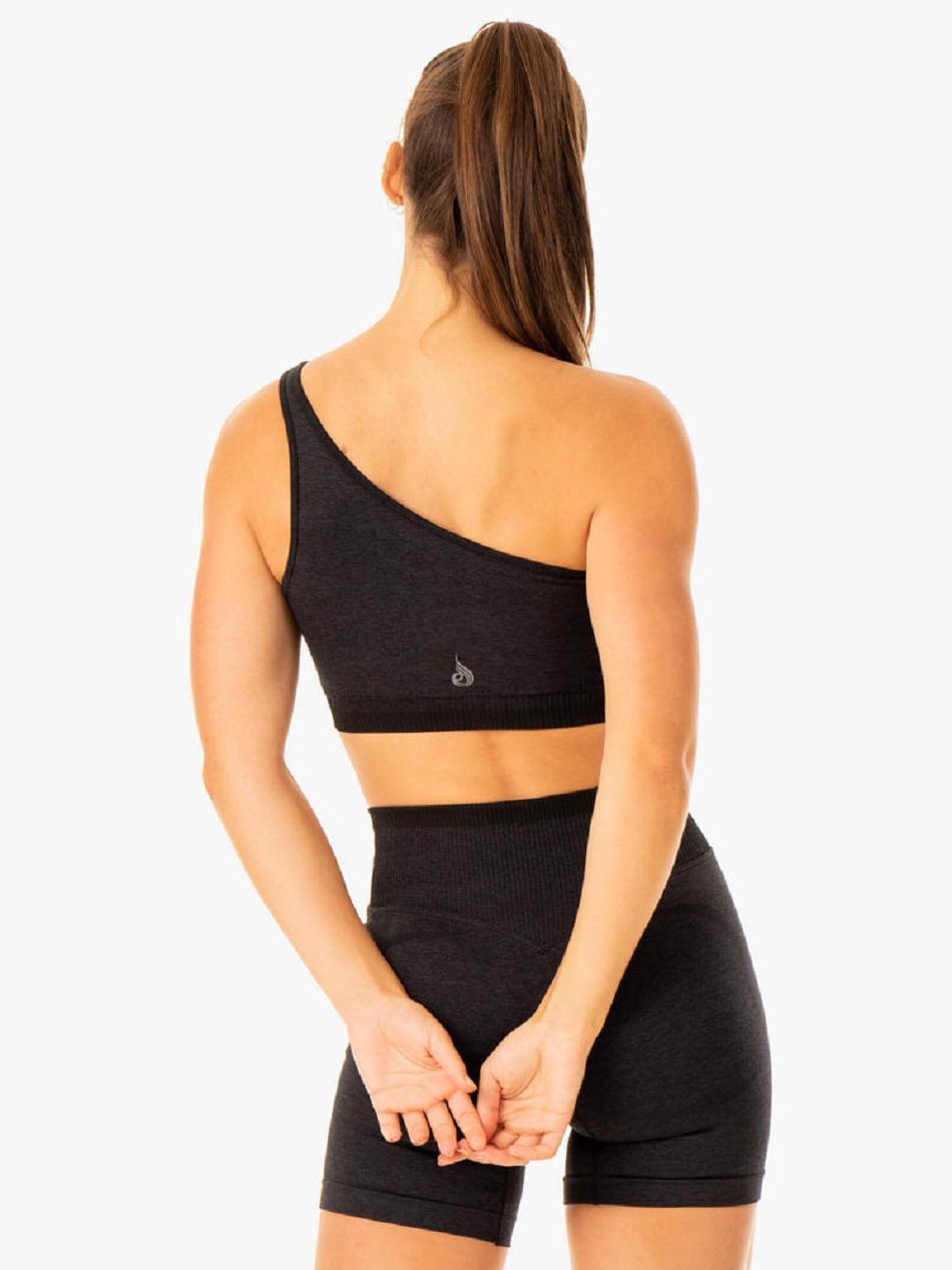 Black Women's Ryderwear Excel One Shoulder Sports Bra Seamless | 48YH92393