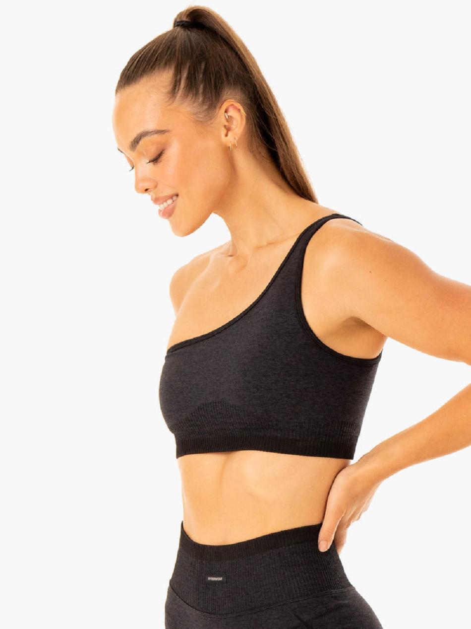 Black Women's Ryderwear Excel One Shoulder Sports Bra Seamless | 48YH92393