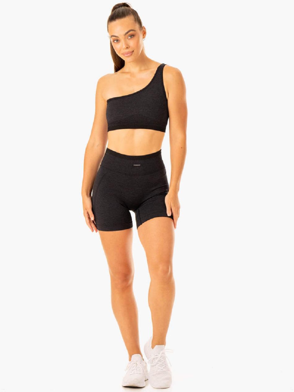 Black Women's Ryderwear Excel One Shoulder Sports Bra Seamless | 48YH92393