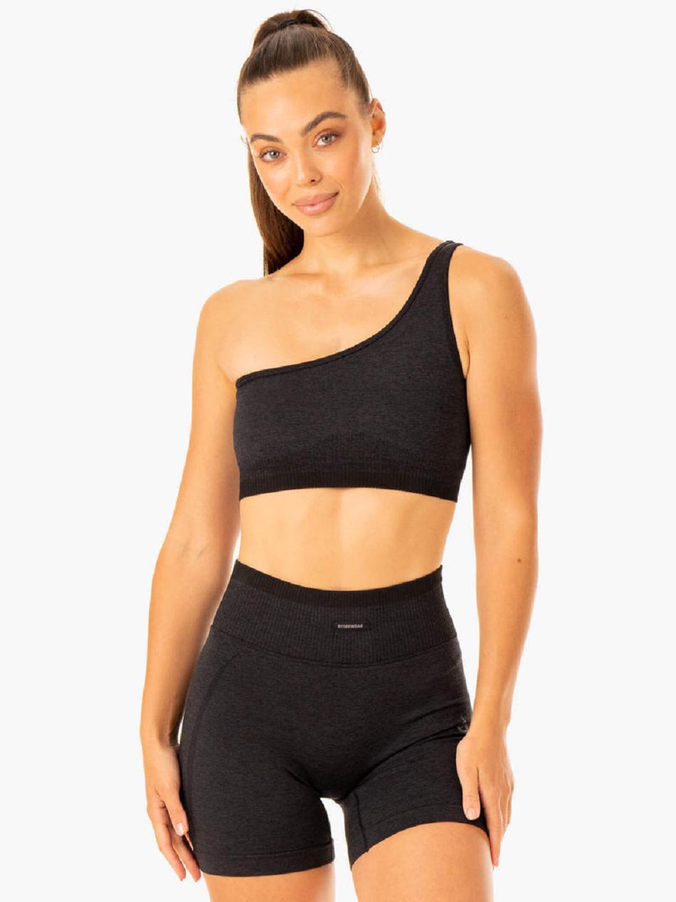 Black Women\'s Ryderwear Excel One Shoulder Sports Bra Seamless | 48YH92393