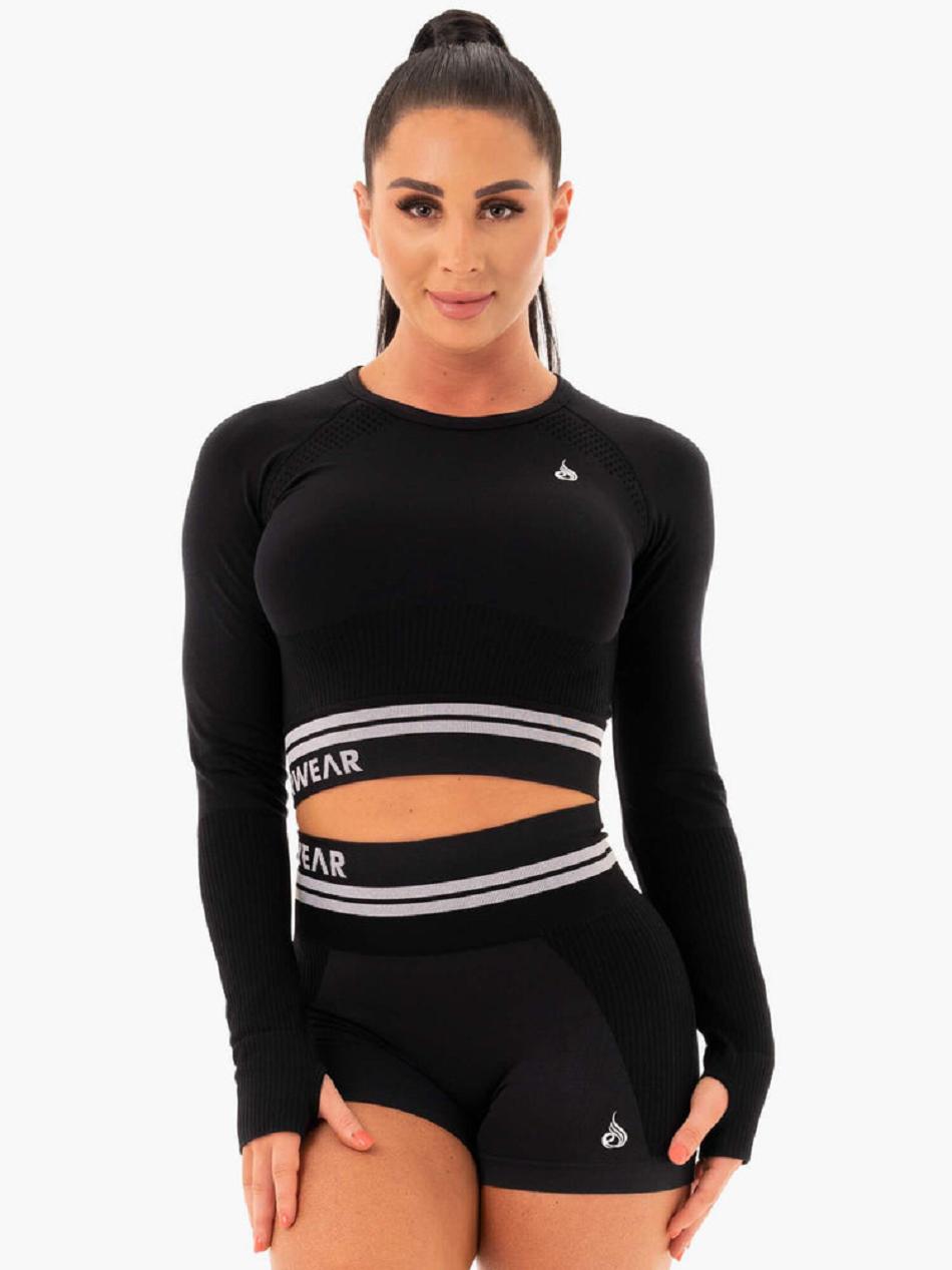 Black Women's Ryderwear Freestyle Long Sleeve Crop Seamless | BG4824991