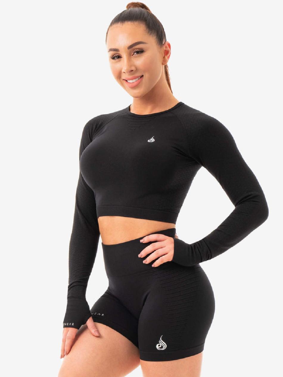 Black Women's Ryderwear Geo Long Sleeve Crop Top Seamless | 50HF83774