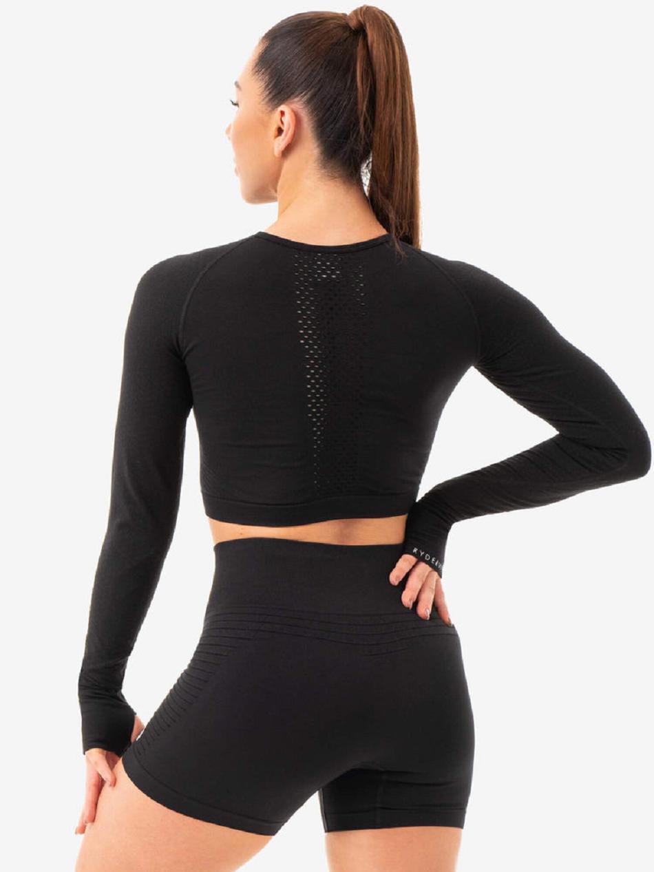 Black Women's Ryderwear Geo Long Sleeve Crop Top Seamless | 50HF83774