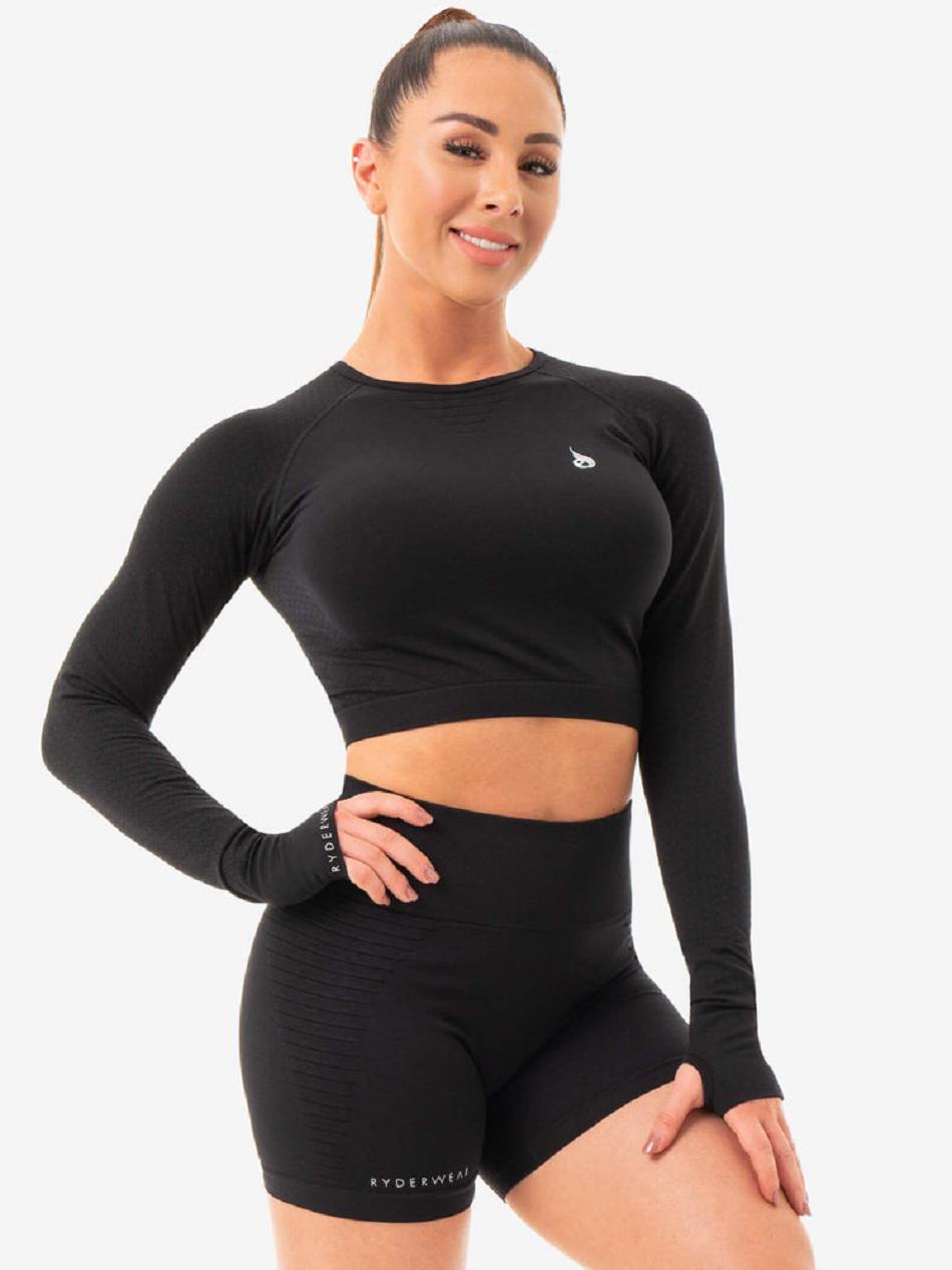 Black Women's Ryderwear Geo Long Sleeve Crop Top Seamless | 50HF83774