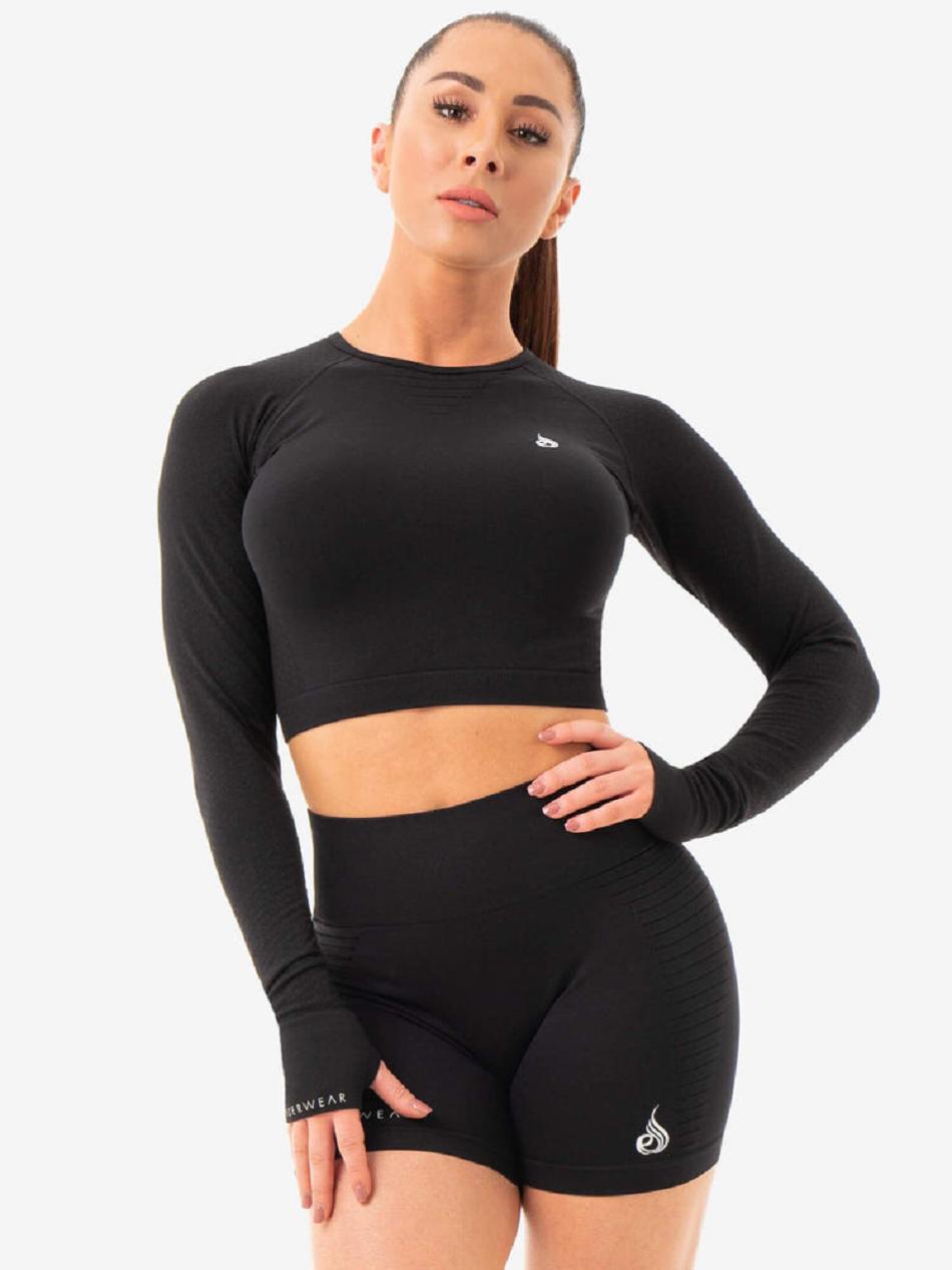 Black Women\'s Ryderwear Geo Long Sleeve Crop Top Seamless | 50HF83774