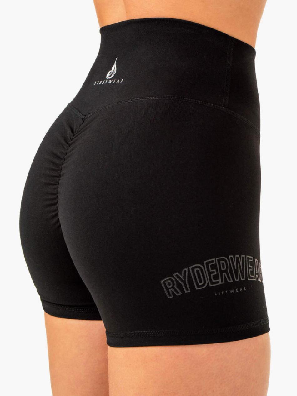 Black Women's Ryderwear Knockout High Waisted Scrunch Mid Length Shorts | RFD75534