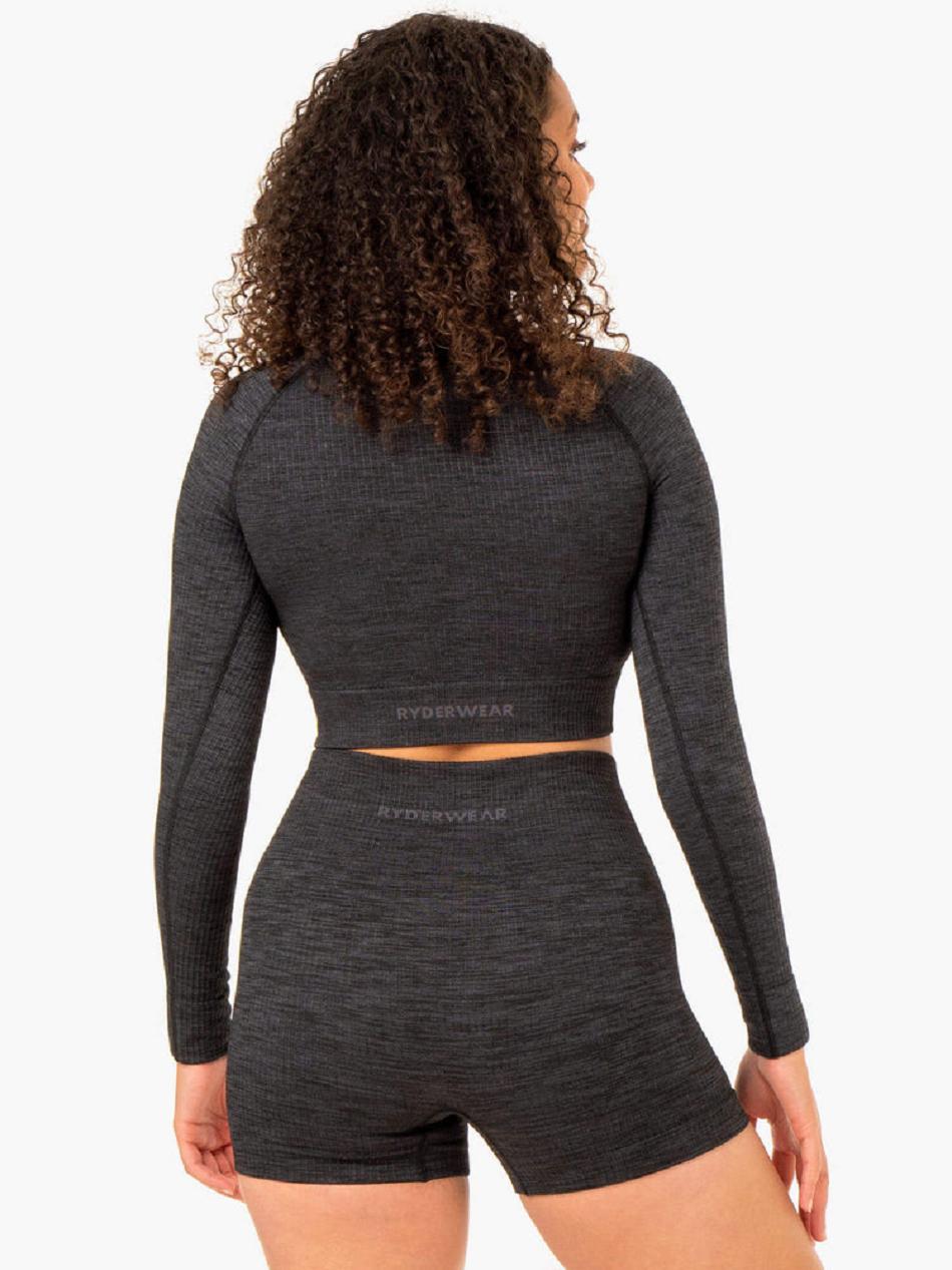 Black Women's Ryderwear Rib Long Sleeve Top Seamless | 51GA48729