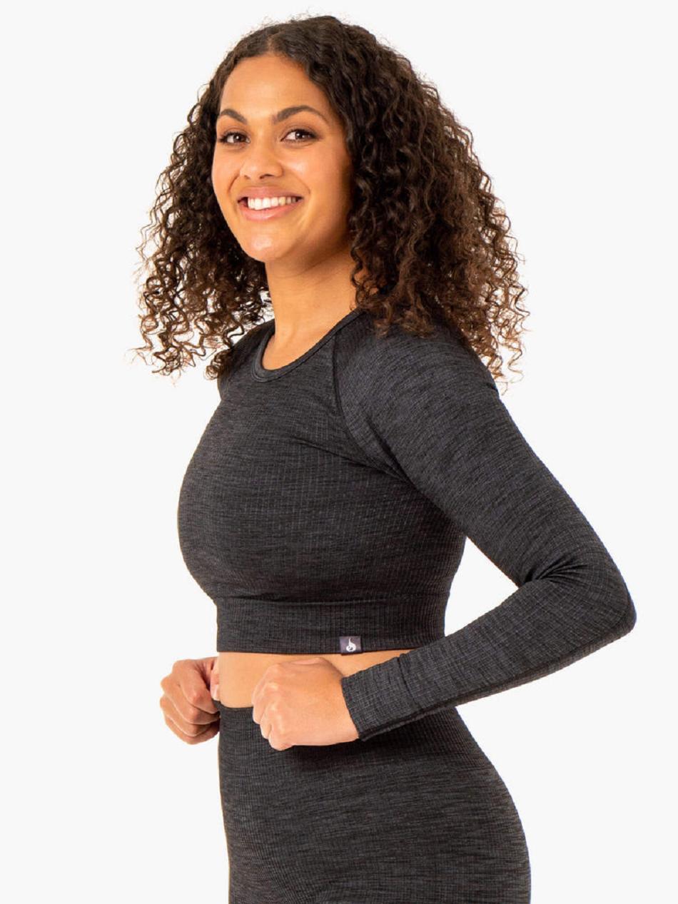 Black Women's Ryderwear Rib Long Sleeve Top Seamless | 51GA48729