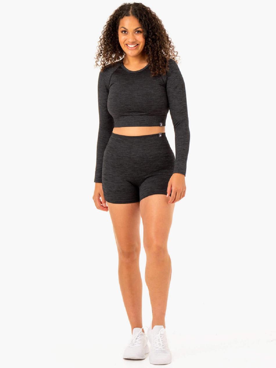 Black Women's Ryderwear Rib Long Sleeve Top Seamless | 51GA48729