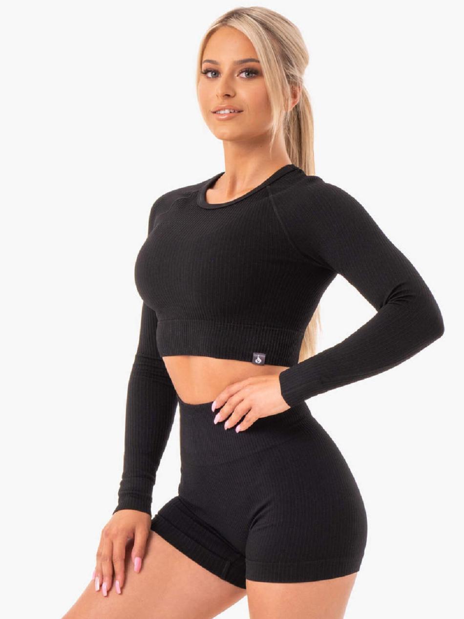 Black Women's Ryderwear Rib Long Sleeve Top Seamless | A2X49097