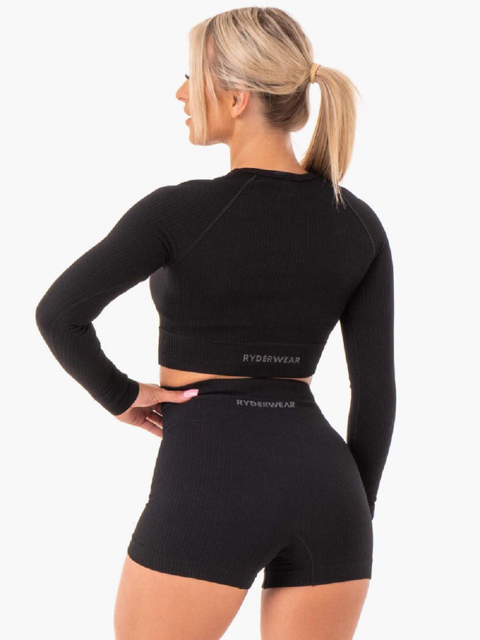 Black Women's Ryderwear Rib Long Sleeve Top Seamless | A2X49097