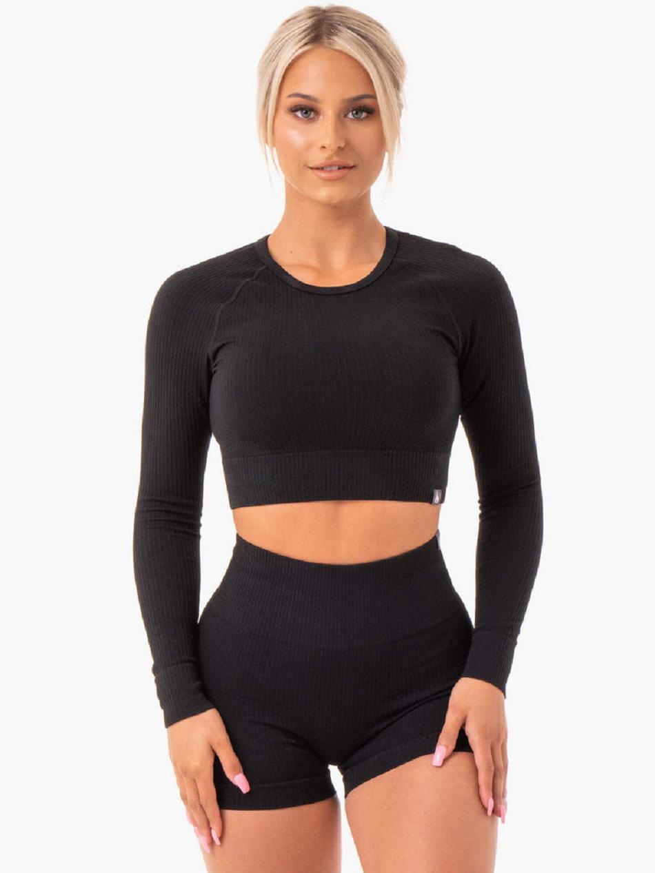 Black Women\'s Ryderwear Rib Long Sleeve Top Seamless | A2X49097